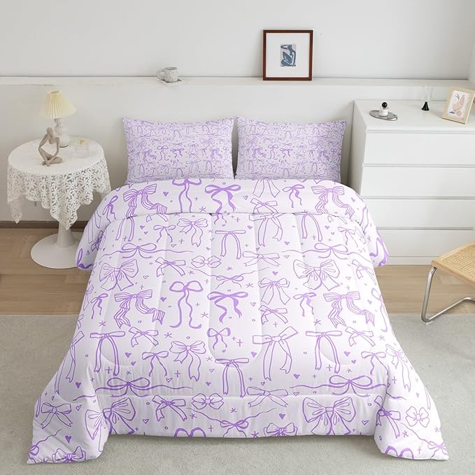 Cartoon Bowknot Kids Bedding Set Queen Size,Purple Bow Tie Comforter Set 3Pcs,Butterfly Knot Princess Girls Quilt Set for Teens Woman,Bow Stars Love Sweet Girly Duvet Insert,2 Pillowcases
