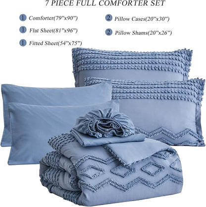 KAKIJUMN Blue Tufted Comforter Set Full Size 7 Piece Bed in a Bag, Shabby Chic Boho Comforter and Sheet Set, Pom Pom Textured Bed Set, All Season Soft Microfiber Complete Bedding Set(Blue,Full)