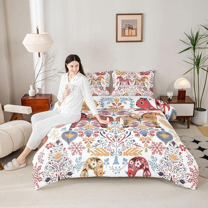 Bohemian Horse Comforter Set Queen Size,Floral Bird Squirrel Bedding Sets 3Pcs Kids Girls Boys Women Room Decor,Christmas Bells Snowflake Quilted Duvet Scandinavian Art Down Comforter,2 Pillowcases