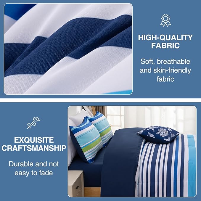 Holawakaka Beach Stripe Bedding Sets 6 Pieces, Navy Blue Coastal Striped Comforter Set King Size All Season Geometric Bed Set, Nautical Bed in a Bag with Comforter,Sheets and Shams