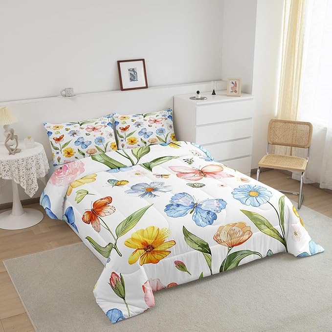 Manfei Botanical Comforter Set King Size, Watercolor Flower Butterfly Quilt Set with 2 Pillowcases, Plants Floral Bedding Set 3pcs for Kids Boys Girls Room Decor Lightweight Duvet Insert