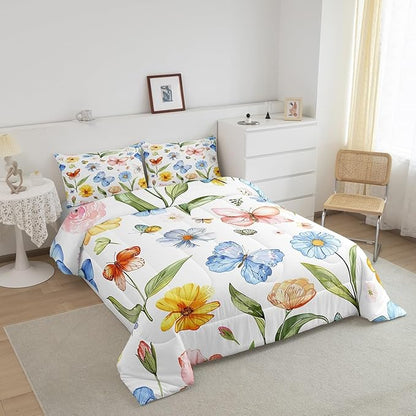 Manfei Botanical Comforter Set King Size, Watercolor Flower Butterfly Quilt Set with 2 Pillowcases, Plants Floral Bedding Set 3pcs for Kids Boys Girls Room Decor Lightweight Duvet Insert