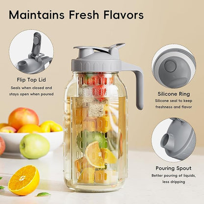64 oz Fruit Water Infuser Pitcher, Heavy Duty Wide Mouth Glass Pitcher with Lid and Pour Spout, Tea Jug Airtight Seal for Freshness and Convenience, Great for Cold Beverages, Breast Milk