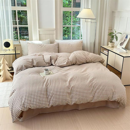 Nayoroom Brown Gingham Comforter Set Queen Size Tan Plaid Checkered Comforter 3 Pieces Soft Lightweight Grid Farmhouse Dorm Bedding Set for All Seasons