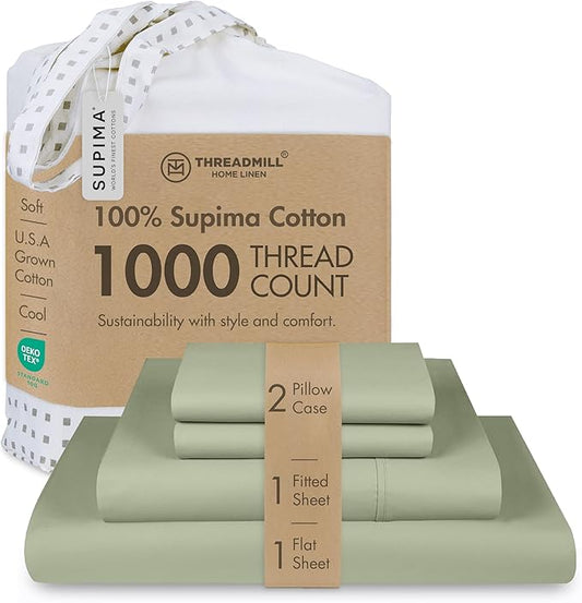 Threadmill Supima Cotton Sheets, 1000 Thread Count Cotton Sheets for Cal King Size Bed, 4 Pc Sage Green Cal King Bed Sheet Set, 5-Star Hotel Quality, Elasticized Deep Pocket Cal King Sheet