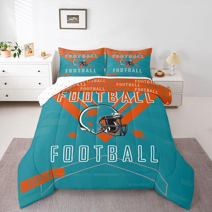 Feelyou Football Bedding Set Boys Girls King Size Women Men Football City Comforter Rugby Sports Duvet Quilt Orange Green Room Decor