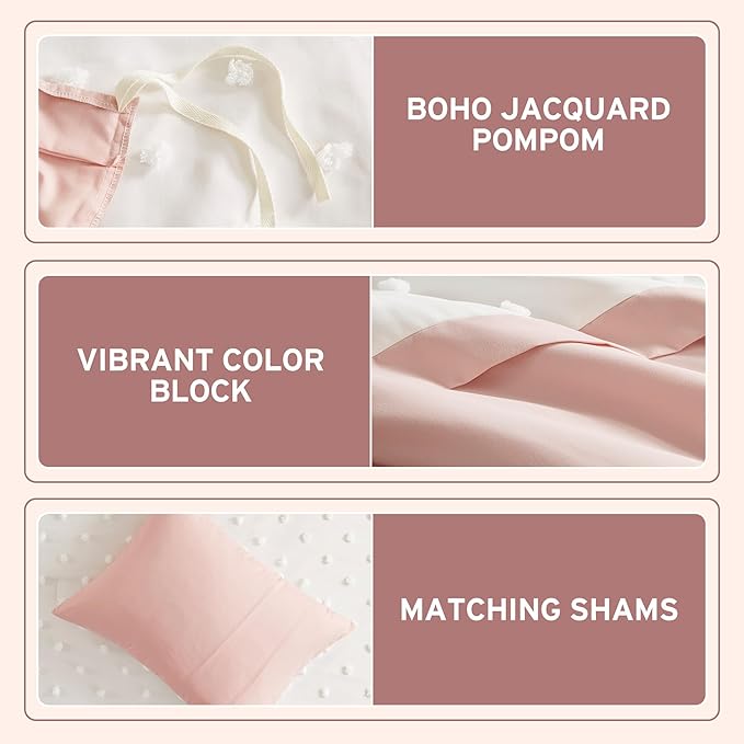 Intelligent Design Queen Duvet Cover Set - Clipped Jacquard Pompom Boho Bedding for Girls & Boys, Microfiber, Shay, Full/Queen, Pink, 3 Piece