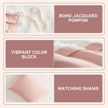 Intelligent Design Queen Duvet Cover Set - Clipped Jacquard Pompom Boho Bedding for Girls & Boys, Microfiber, Shay, Full/Queen, Pink, 3 Piece