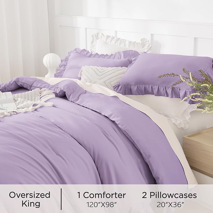 Andency Oversized King Comforter Set 120x98, 3 Pieces Ruffle Shabby Chic Famhouse Bedding Set, All Season Lightweight Fluffy Bed Set for Girls Women, Lavender