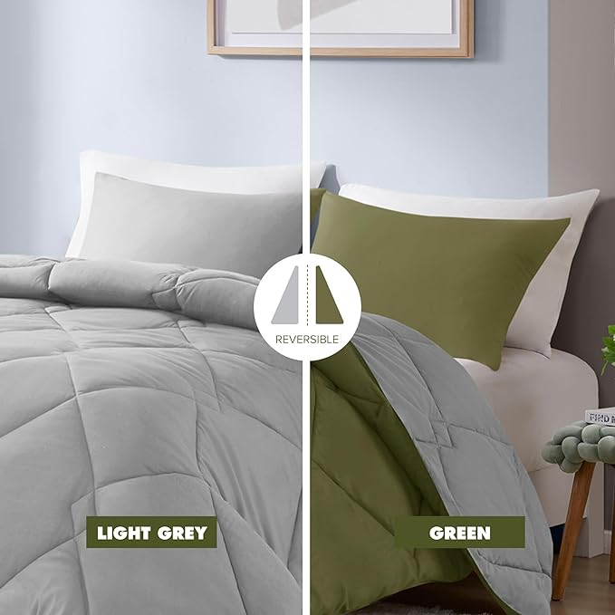 Comfort Spaces King Comforter Set, Chic Reversible Quatrefoil Quilting Comforters King, All Seasons, Lightweight Microfiber Bedding Set Matching Sham, Vixie, King Green/Grey 3 Piece