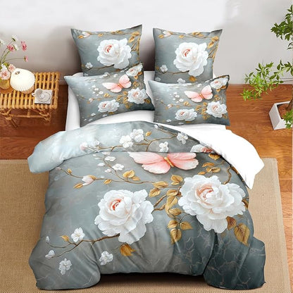 Floral Butterfly Comforter Set Queen White Flower Pink Butterflies on Gray Marble Bedding Set for Women Men Modern Aesthetic Bedding Soft Lightweight 90x90 Comforter with 2 Pillowcases