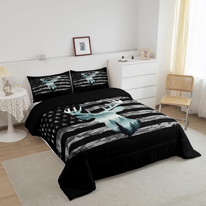 Feelyou Camo Hunting Bedding Set - Twin Size, Forest Smoky Deer Comforter, American Flag Duvet Set with 1 Pillow Case