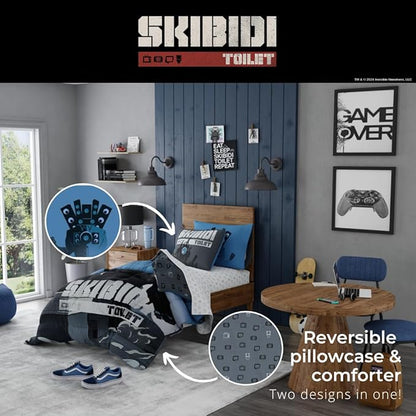 Skibidi Toilet Gamer Bedding 4 Piece Super Soft Reversible Comforter and Sheet Set, Twin, (Officially Licensed Product) by Franco