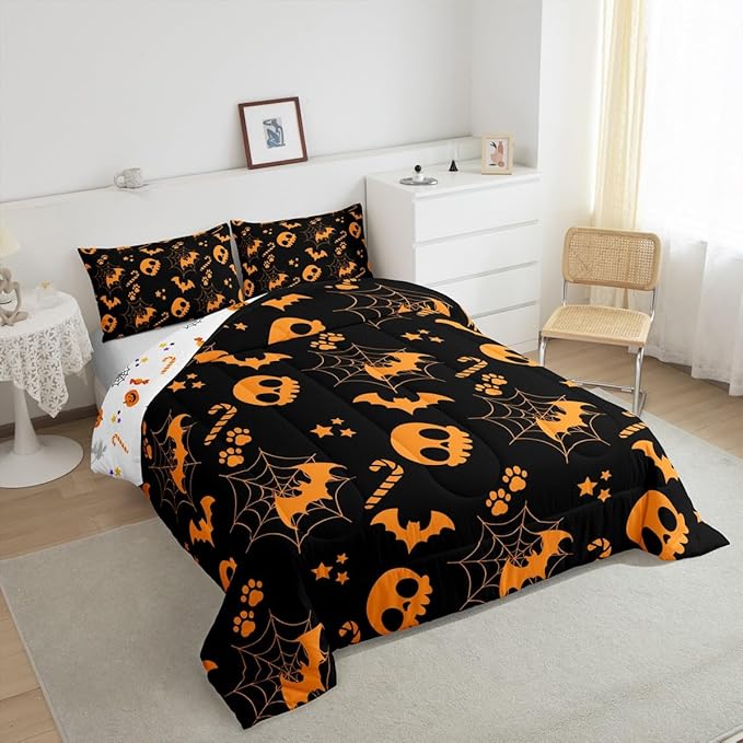 Erosebridal Cute Orange Halloween Toddler Comforter Spider Web Skull Bat Bedding Set Spooky Goth Gothic Animal Duvet Insert Horror Halloween Bed Sets for Kids Teens Adults