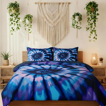 Purple Tie Dye Down Comforter Set, Blue Spiral Tie Dye Comforter, Hippie Boho Bohemian Gypsy Bedding Set, Abstract Printed Quilt Set and 2 Pillowcases, Full Size