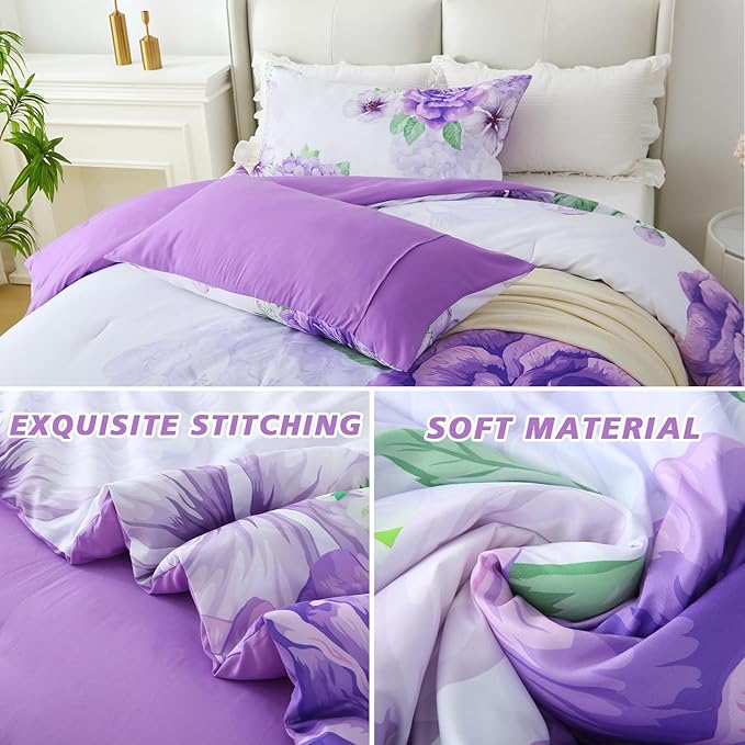 Floral Comforter Set King Size, 3 Pieces Elegant Purple Floral Bed in a Bag, Soft Microfiber Botanical Flower Bedding Set with 2 Pillowcases for All Season 104"×90"