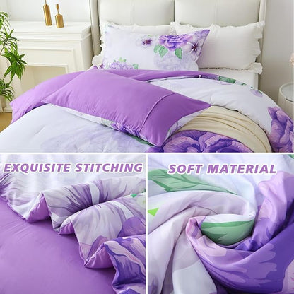 Floral Comforter Set King Size, 3 Pieces Elegant Purple Floral Bed in a Bag, Soft Microfiber Botanical Flower Bedding Set with 2 Pillowcases for All Season 104"×90"