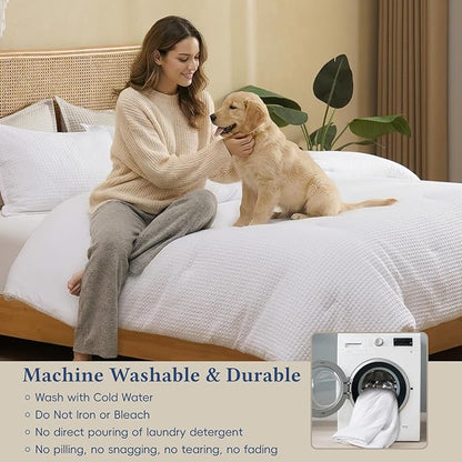 David's Home Waffle Weave Comforter Set 3PCS Queen Size, Soft Breathable Lightweight Cozy Skin-Friendly Warm for All Season, Elegant Aesthetic Home Decor Bedding Set with Pillow Shams, White