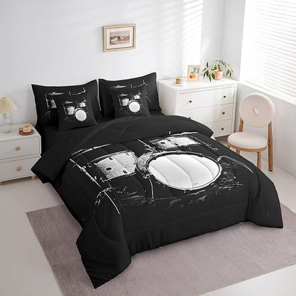 Erosebridal Drum Set 7 Piece Bedding Set Queen Size,Musical Instrument Bed in a Bag,Hip Hop Music Bed Set Includes Comforter, Sheet Set, Pillowcases & Pillow Covers All Season Bedroom Decor