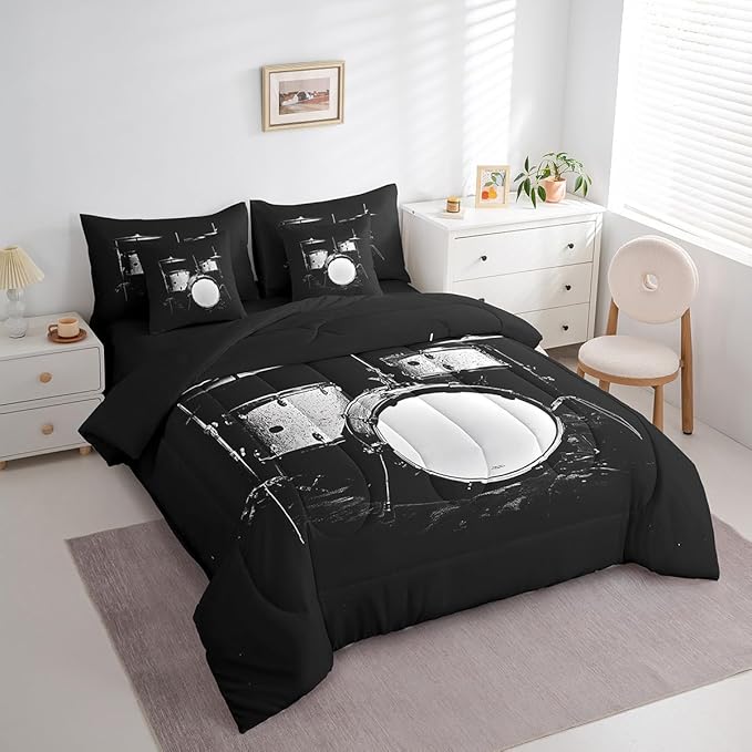 Erosebridal Drum Set 7 Piece Bedding Set King Size,Musical Instrument Bed in a Bag,Hip Hop Music Bed Set Includes Comforter, Sheet Set, Pillowcases & Pillow Covers All Season Bedroom Decor
