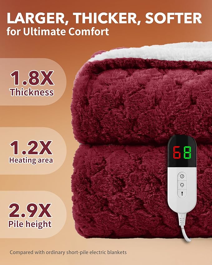 Homemate Heated Blanket Electric Throw - 50"x60" Heating Blanket Throw 4 Hours Auto-Off 10 Heat Levels Over-Heat Protection Luxury 800 GSM Faux Fur 200 GSM Sherpa ETL Certification