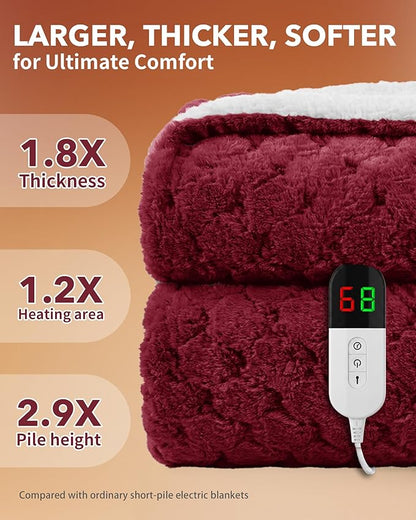 Homemate Heated Blanket Electric Throw - 50"x60" Heating Blanket Throw 4 Hours Auto-Off 10 Heat Levels Over-Heat Protection Luxury 800 GSM Faux Fur 200 GSM Sherpa ETL Certification