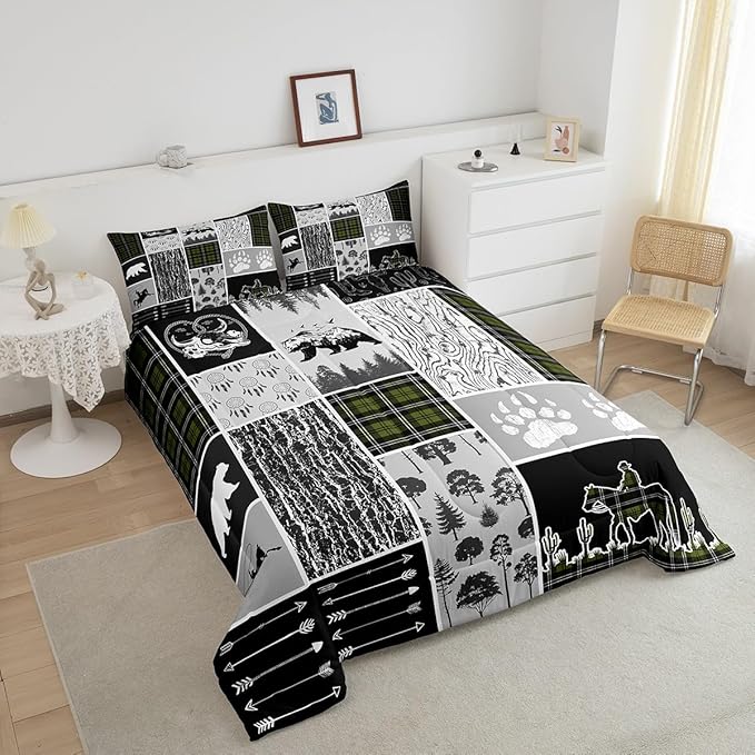 Erosebridal Rustic Farmhouse Comforter Set Full,Western Cowboy Bedding for Boys Girls Western Bedroom Decor,Sage Green Plaid Grid Duvet Insert,Bear Wildlife Hunting Theme Quilt Comforter 3Pcs