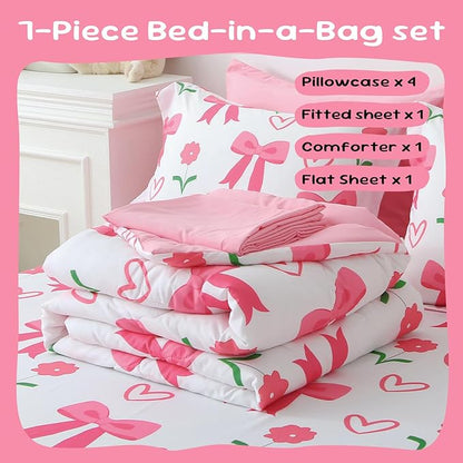 Pink Bow Comforter 7 Pieces Comforter Set Full Size Pink Flower Bow Comforter for Girls Kids Romantic Princess Style Bow Tie Bedding Set Super Soft All Season