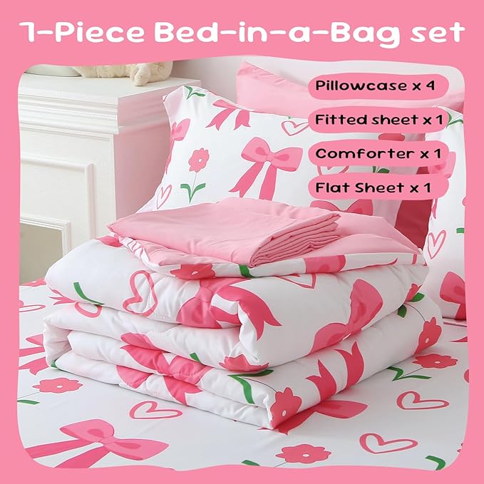 Pink Bow Comforter 7 Pieces Comforter Set Queen Size Pink Flower Bow Comforter for Girls Kids Romantic Princess Style Bow Tie Bedding Set Super Soft All Season