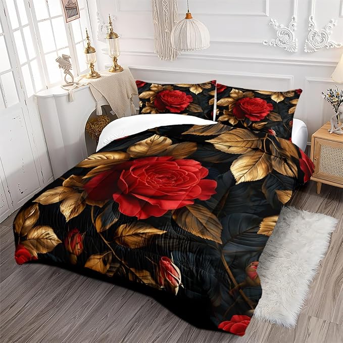 Floral Comforter Set Queen Black Red Botanical Flower Bedding Set Modern Aesthetic Bedding Sets Soft Lightweight Microfiber Comforter Sets for All Season