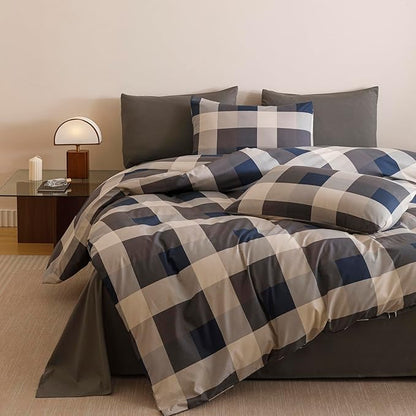 CLOTHKNOW Blue Grey Plaid King Size Comforter Set Gingham Buffalo Bedding Comforter Sets Geometric Comforter King Sets with 2 x Pillow Cases