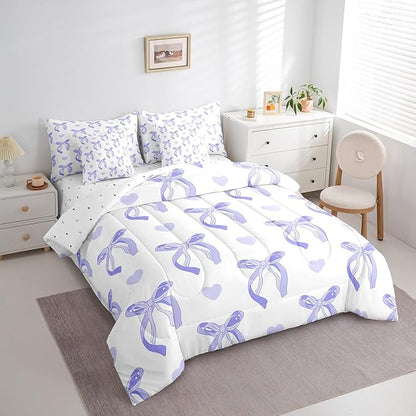jejeloiu Cute Purple Bow 7 Piece Bedding Set Twin Size Ribbon Bow Comforter Set with Sheets for Kids Women Cartoon Love Heart Bed in a Bag Purple White Bed Set