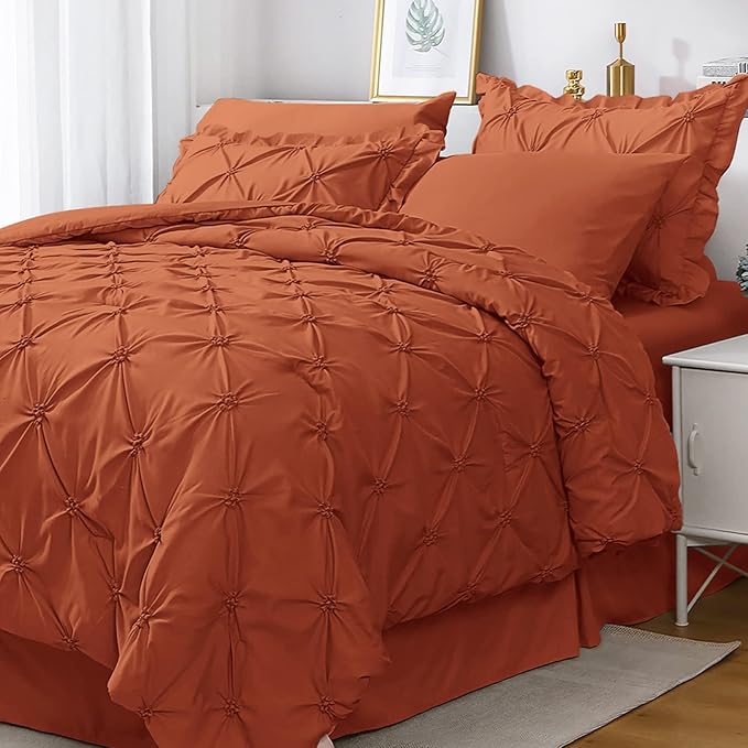 JOLLYVOGUE King Size Comforter Set 7 Pieces, Burnt Orange Bed in a Bag Comforter Set for Bedroom, Bedding Comforter Sets with Comforter, Sheets,Ruffled Shams & Pillowcases