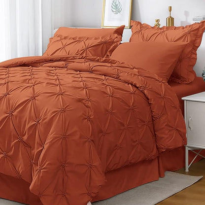 JOLLYVOGUE King Size Comforter Set 7 Pieces, Burnt Orange Bed in a Bag Comforter Set for Bedroom, Bedding Comforter Sets with Comforter, Sheets,Ruffled Shams & Pillowcases
