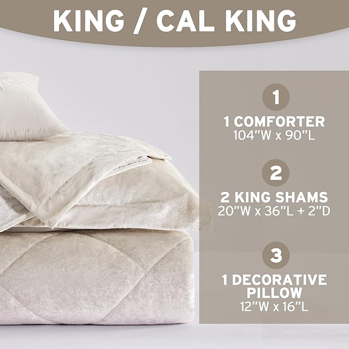 Intelligent Design Velvet Comforters King Bedding Reversible, All Season, Diamond Quilted Bedding Microfiber Comforters, Felicia, King/Cal King, Champagne 4 Piece