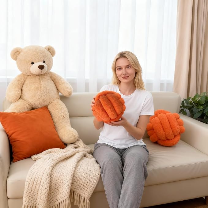 Knot Pillow Ball Plush - Decorative Throw Pillows for Bed Relieve Stress, Round Knot Cushion for Sofa Decor Pet Toy, Orange 8 inch