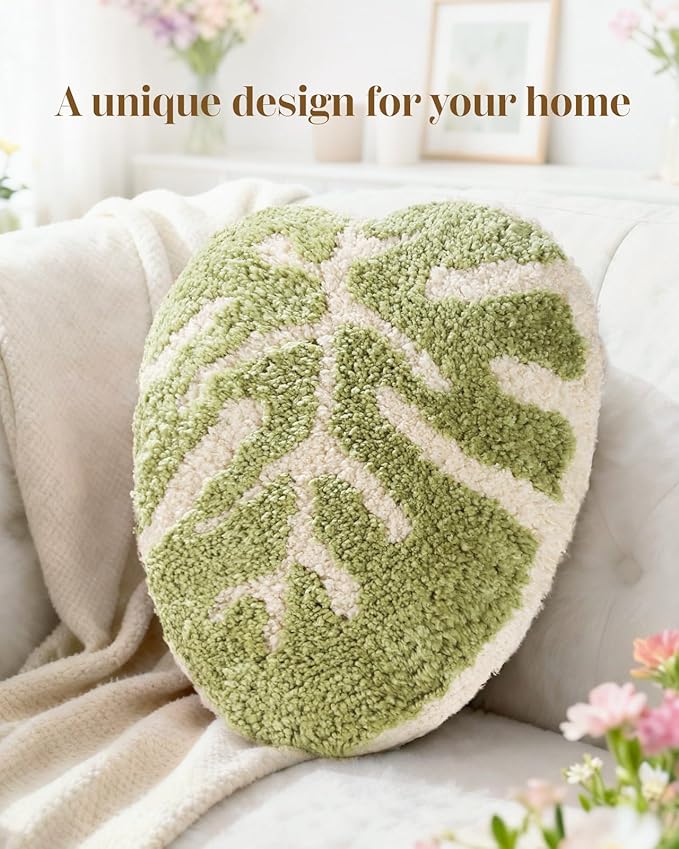 Leaf Shaped Throw Pillow - Cute Plush Plant Pillow for Couch, Sofa, or Living Room, 16.5" x 10.6" Green Monstera Decorative Cushion for Home Decor