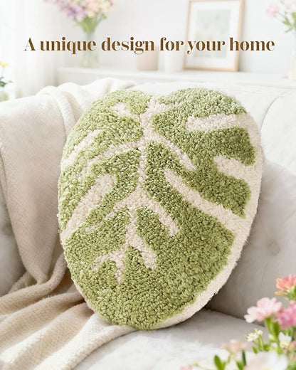 Leaf Shaped Throw Pillow - Cute Plush Plant Pillow for Couch, Sofa, or Living Room, 16.5" x 10.6" Green Monstera Decorative Cushion for Home Decor