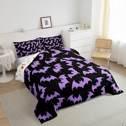 Erosebridal Purple Bat Twin Bedding Sets Halloween Bat Comforter Set Spooky Goth Gothic Animal Quilt Duvet Set Horror Halloween Bedding Collections for Kids Teens Adults