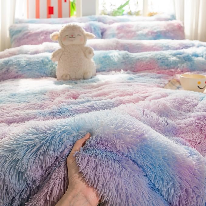 chovy Faux Fur Plush Tie-Dyed Blue Comforter Sets King - Ultra Soft Shaggy Flannel Velvet Fluffy Fuzzy 3PC Bedding Set （Comforter x 1 Pillowcases x 2）