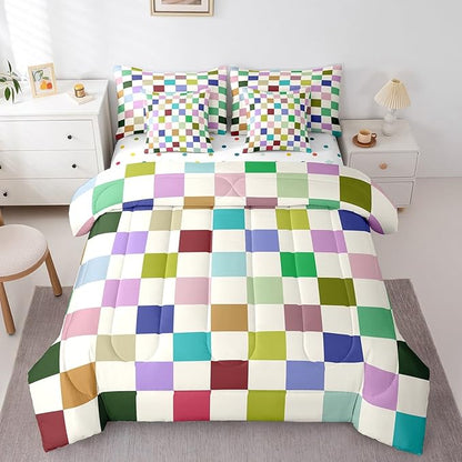 Feelyou Colorful Checkered 7 Piece Bedding Set Teen Retro Modern Geometric Colorful Comforter Set with Sheets King Size Kids Boys Cute Neutral Plaid Bed in a Bag Vintage Aesthetic Room Decor
