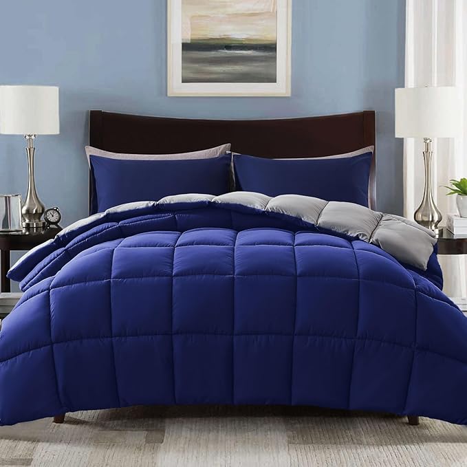 Decroom Lightweight California King Comforter Set with 2 Pillow Sham - 3 Pieces Set - Quilted Down Alternative Comforter/Duvet Insert for All Season - Blue/Grey - Cal King Size