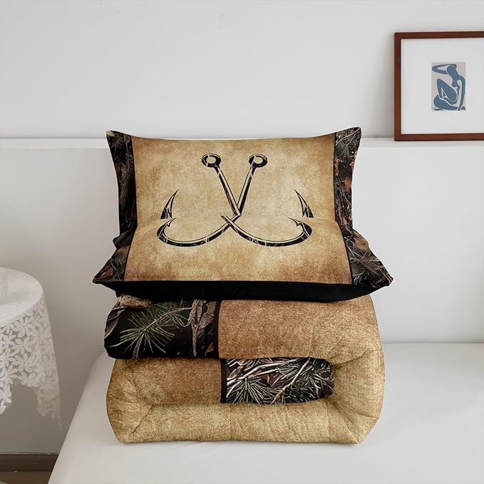Erosebridal Camo Fish Hook Bedding Comforter Sets Twin Rustic Lake Fishing Bedding Set Gifts for Boys Men Fisherman Kids,Farmhouse Cabin Style Comforter Set Retro Country Quilt Duvet Set 2 Pcs