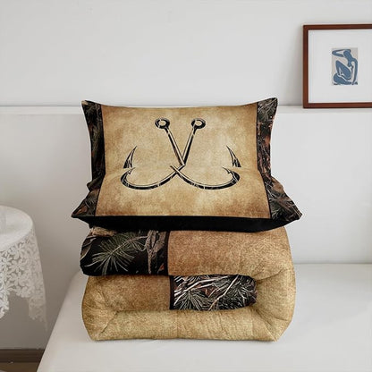 Erosebridal Camo Fish Hook Bedding Comforter Sets Twin Rustic Lake Fishing Bedding Set Gifts for Boys Men Fisherman Kids,Farmhouse Cabin Style Comforter Set Retro Country Quilt Duvet Set 2 Pcs
