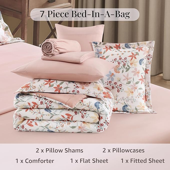 CASAAGUSTO King Comforter Set, 7 PCS Clay Pink Floral Comforter Set with Flowers Leaves Pattern, Soft Seersucker Design All Season King Size Bedding Set(102"X90")