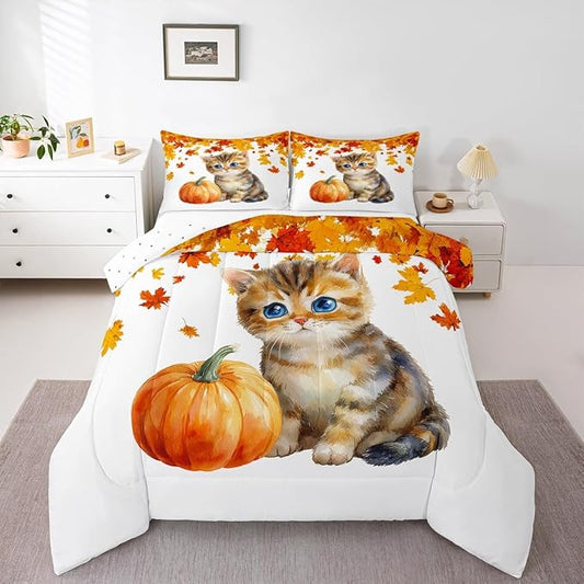 Cute Pumpkin Cat Bedding Sets Twin Kawaii Watercolor Cat Comforter Set For Kids Boys Girls Autumn Fall Maple Leaf Comforter Thanksgiving Harvest Seasonal Quilt Duvet Orange White 1 Pillow Case