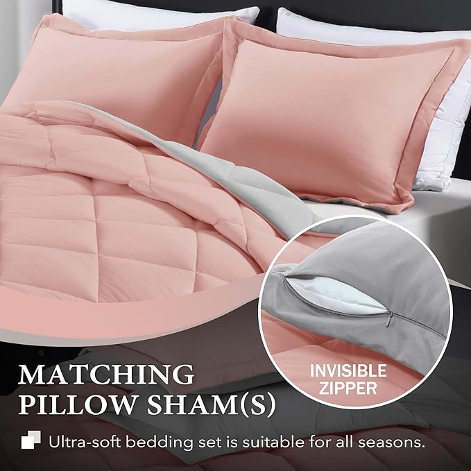 downluxe Queen Comforter Set - Pink and Grey Queen Comforter, Soft Bedding Sets for All Seasons - 3 Pieces - 1 Comforter (88"x92") and 2 Pillow Shams(20"x26")