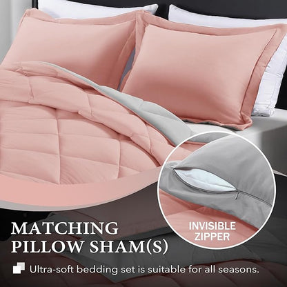 downluxe Queen Comforter Set - Pink and Grey Queen Comforter, Soft Bedding Sets for All Seasons - 3 Pieces - 1 Comforter (88"x92") and 2 Pillow Shams(20"x26")