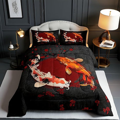Koi Fish Kids Comforter Set Full Size,Marine Animals Cherry Blossom Branch Romantic Bedding Set,Girls Boys Adults Xmas Decor,Japanese Ukiyo-e Down Comforter,Red Black Duvet Insert,2 Pillowcases