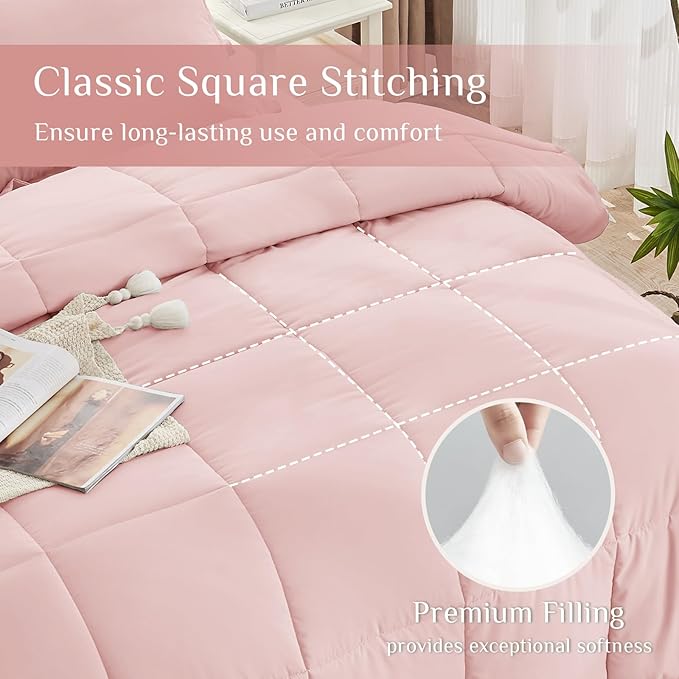 JOLLYVOGUE Twin XL Comforter Set, Ultra-Soft Bed in a Bag Twin XL Size 5 Pieces, Oeko-TEX Certified Bedding Set with Down Alternative Comforter, Sheets, Pillowcases & Shams, Blush Pink